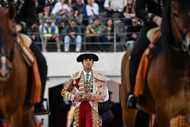 French matador Carlos Olsina attends the paseo (parade) ahead of his bullfight in Ales, Southern France, on May 16, 2026. (Photo by Gabriel BOUYS / AFP)