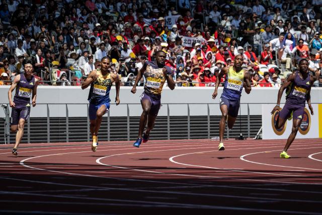 (L-R) Japan's Kentaro Sato, Japan's Yuki Joseph Nakajima, US' Rai Benjamin, US' Vernon Norwood and Zambia's Muzala Samukonga compete in heat two of the men's 400m finals during the Golden Grand Prix athletics at the National Stadium in Tokyo on May 17, 2026. (Photo by Yuichi YAMAZAKI / AFP)