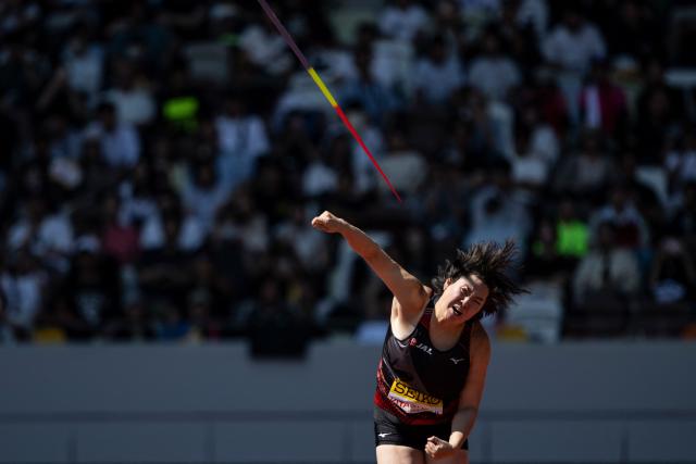 Japan's Haruka Kitaguchi competes in the women's javelin throw during the Golden Grand Prix athletics at the National Stadium in Tokyo on May 17, 2026. (Photo by Yuichi YAMAZAKI / AFP)