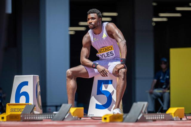 US' Noah Lyles prepares to compete in a heat of the men's 100m during the Golden Grand Prix athletics at the National Stadium in Tokyo on May 17, 2026. (Photo by Yuichi YAMAZAKI / AFP)