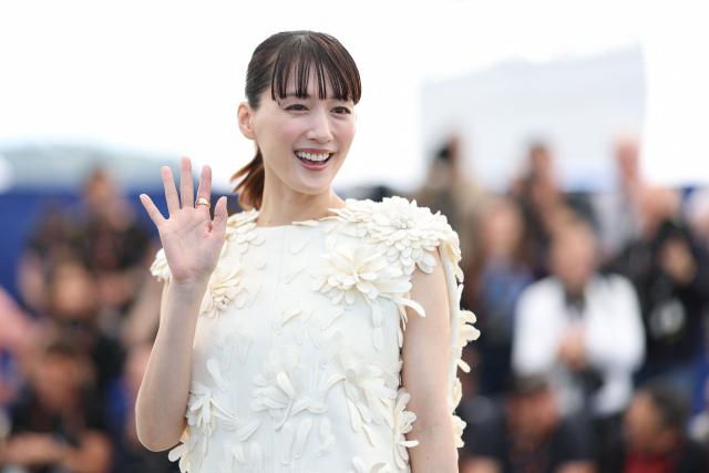 Japanese actress Haruka Ayase waves as she poses during a photocall of the film "Sheep in The Box" at the 79th edition of the Cannes Film Festival in Cannes, southern France on May 17, 2026. (Photo by Sameer AL-DOUMY / AFP)