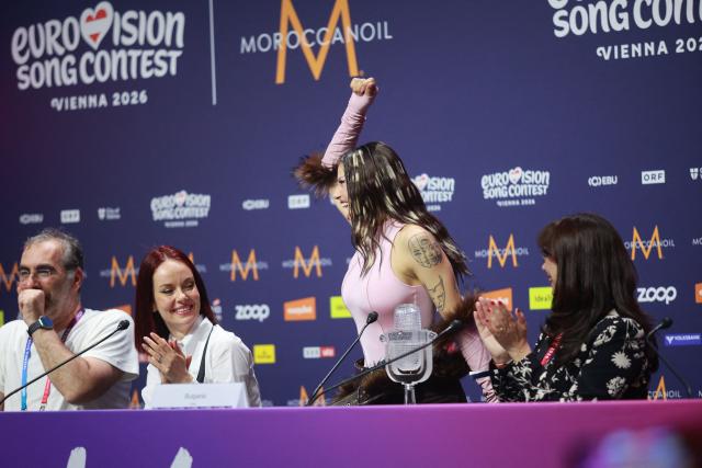 Winner Darina Nikolaeva Yotova (C) , aka Dara and representing Bulgaria with the song 'Bangaranga' holds a press conference after she won the final of the Eurovision Song Contest 2026 (ESC) at Wiener Stadthalle in Vienna, Austria on May 16, 2026. (Photo by Radek MICA / AFP)