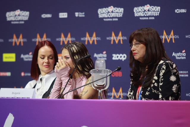 Winner Darina Nikolaeva Yotova (C) , aka Dara and representing Bulgaria with the song 'Bangaranga' holds a press conference after she won the final of the Eurovision Song Contest 2026 (ESC) at Wiener Stadthalle in Vienna, Austria on May 16, 2026. (Photo by Radek MICA / AFP)