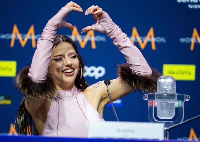 Winner Darina Nikolaeva Yotova, aka Dara and representing Bulgaria with the song 'Bangaranga' holds a press conference after she won the final of the Eurovision Song Contest 2026 (ESC) at Wiener Stadthalle in Vienna, Austria on May 16, 2026. (Photo by GEORG HOCHMUTH / APA / AFP) / Austria OUT
