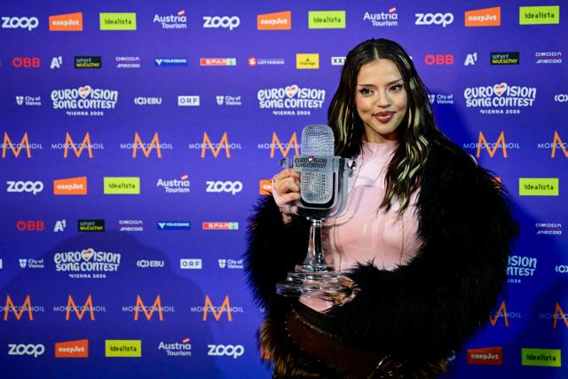 Winner Darina Nikolaeva Yotova, aka Dara and representing Bulgaria with the song 'Bangaranga' poses with the trophy during a photocall after she won the final of the Eurovision Song Contest 2026 (ESC) at Wiener Stadthalle in Vienna, Austria on May 16, 2026. (Photo by Tobias SCHWARZ / AFP)