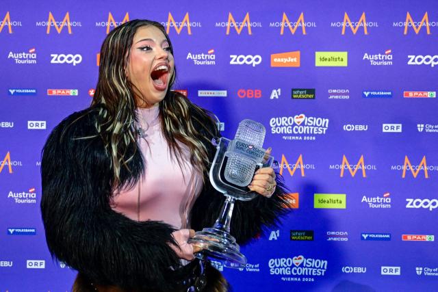 Winner Darina Nikolaeva Yotova, aka Dara and representing Bulgaria with the song 'Bangaranga' poses with the trophy during a photocall after she won the final of the Eurovision Song Contest 2026 (ESC) at Wiener Stadthalle in Vienna, Austria on May 16, 2026. (Photo by Tobias SCHWARZ / AFP)