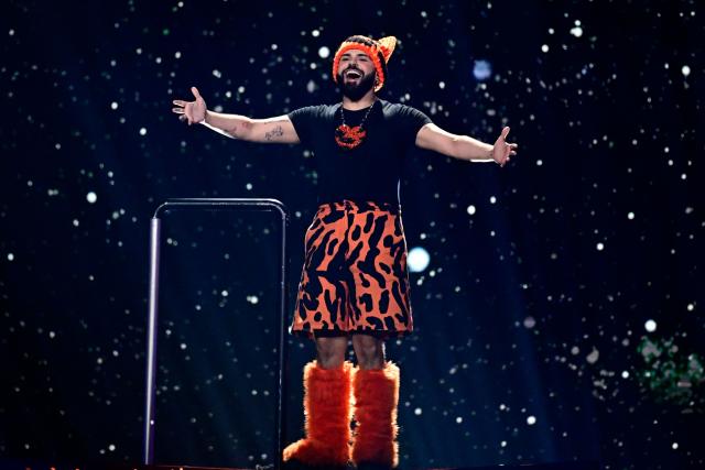 Greek singer Akylas Mytilinaios, aka Akylas and representing Greece with the song 'Ferto', performs during the final of the Eurovision Song Contest 2026 (ESC) at Wiener Stadthalle in Vienna, Austria on May 16, 2026. (Photo by Tobias SCHWARZ / AFP)
