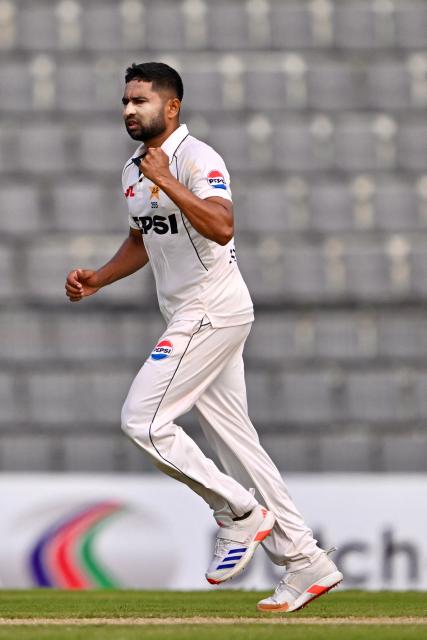 Pakistan’s Khurram Shahzad celebrates after taking the wicket of Bangladesh’s Tanzid Hasan during the second day of the second Test cricket match between Bangladesh and Pakistan at the Sylhet International Cricket Stadium in Sylhet on May 17, 2026. (Photo by Munir UZ ZAMAN / AFP)