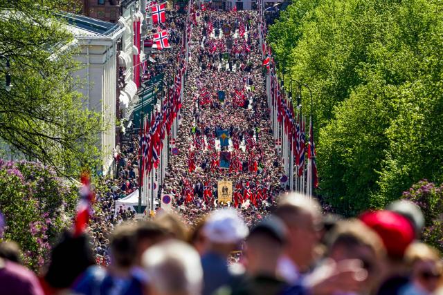 The children's procession goes up Karl Johans gate during the national day celebration in Oslo, Norway, on May 17, 2026. (Photo by Thomas Fure / NTB / AFP) / Norway OUT
