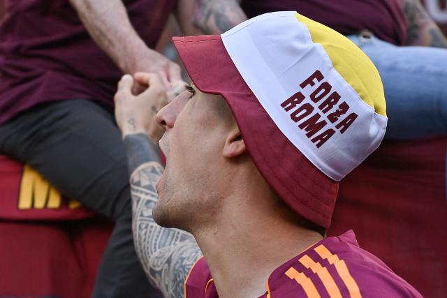 Roma's Italian defender #23 Gianluca Mancini celebrates after winning the Italian Serie A football match between Roma and Lazio at Olympic stadium in Rome on May 17, 2026. (Photo by Isabella BONOTTO / AFP)