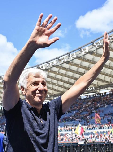 Roma's head coach Gian Piero Gasperini after winning the Italian Serie A football match between Roma and Lazio at Olympic stadium in Rome on May 17, 2026. (Photo by Isabella BONOTTO / AFP)