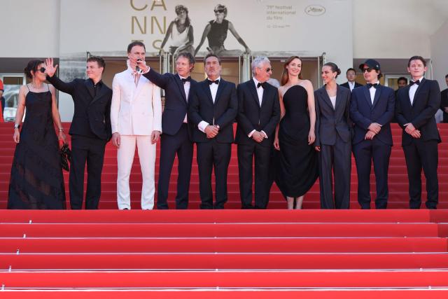 (From L) French composer Laetitia Pansanel-Garric, French actor Felix Lefebvre, German actor Lars Eidinger, Hungarian director Laszlo Nemes, French actor Gilles Lellouche, French producer Alain Goldman, French actress Louise Bourgoin, French screenwriter Olivier Demangel, French actress Hortense Quentin De Gromard arrive for the screening of the film "Moulin" at the 79th edition of the Cannes Film Festival in Cannes, southern France on May 17, 2026. (Photo by Thibaud MORITZ / AFP)