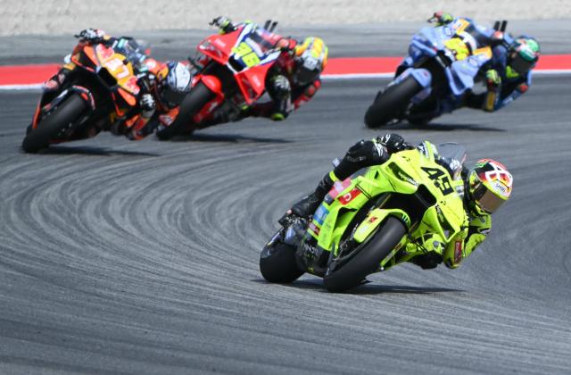 Team Pertamina Enduro VR46 Racing Team's Fabio Di Giannantonio leads during the 2026 Catalunya Moto GP Grand Prix at the Catalunya racetrack in Montmelo, near Barcelona, on May 17, 2026. (Photo by JOSE JORDAN / AFP)
