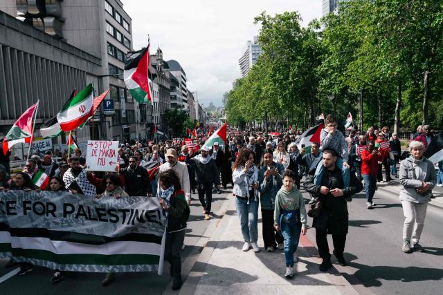 Demonstrators march during a national demonstration organized by several civil society organizations in solidarity with the Palestinian people in Brussels on May 17, 2026. (Photo by Marius Burgelman / Belga / AFP) / Belgium OUT