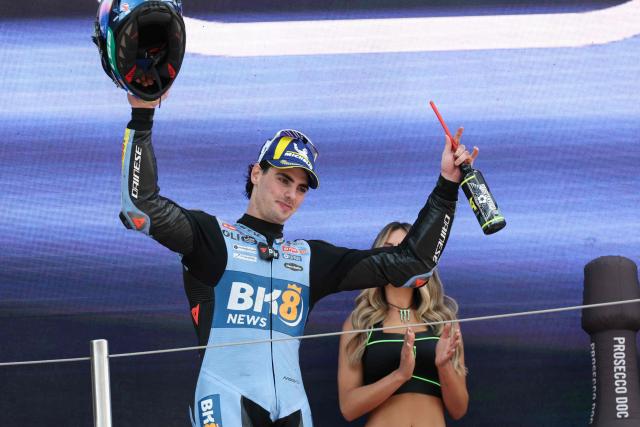 Team Gresini Racing MotoGP's Fermin Aldeguer celebrates his third place on the podium for the 2026 Catalunya Moto GP Grand Prix at the Catalunya racetrack in Montmelo, near Barcelona, on May 17, 2026. (Photo by Lluis GENE / AFP)