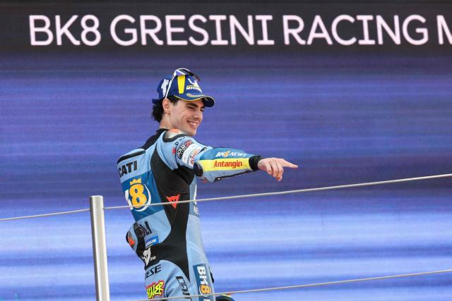 Team Gresini Racing MotoGP's Fermin Aldeguer celebrates his third place on the podium for the 2026 Catalunya Moto GP Grand Prix at the Catalunya racetrack in Montmelo, near Barcelona, on May 17, 2026. (Photo by Lluis GENE / AFP)