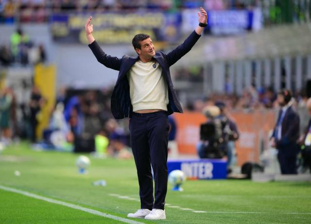 Inter Milan's Romanian head coach Cristian Chivu gestures during the Italian Serie A football match between Inter Milan and Hellas Verona at San Siro stadium in Milan, on May 17, 2026. (Photo by Marco BERTORELLO / AFP)