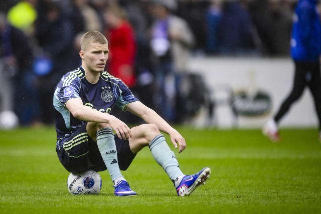 Ajax's Danish defender #03 Anton Gaaei reacts at the end of the Dutch Eredivisie football match between SC Heerenveen and AFC Ajax at the Abe Lenstra in Heerenveen on May 17, 2026. (Photo by Olaf Kraak / ANP / AFP) / Netherlands OUT