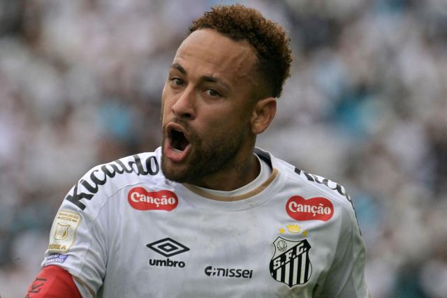 Santos' forward #10 Neymar reacts during the Brazilian league football match between Santos and Coritiba at the Neo Quimica Arena in Sao Paulo, Brazil, on May 17, 2026. (Photo by NELSON ALMEIDA / AFP)