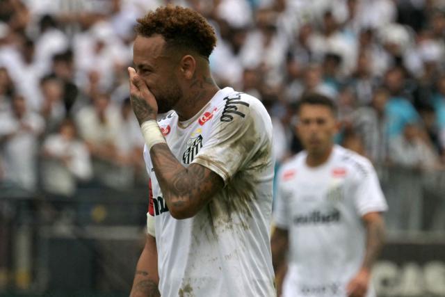 Santos' forward #10 Neymar reacts during the Brazilian league football match between Santos and Coritiba at the Neo Quimica Arena in Sao Paulo, Brazil, on May 17, 2026. (Photo by NELSON ALMEIDA / AFP)