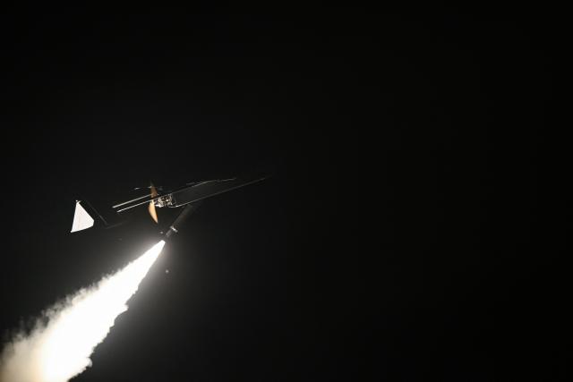 This photograph shows a Ukrainian long-range drone launched by servicemen of the 9th Kairos Battalion of the “Madyar's Birds” from an undisclosed location in Ukraine, on May 16, 2026, hours before Moscow reported the major attack amid the Russian invasion of Ukraine. (Photo by Genya SAVILOV / AFP)