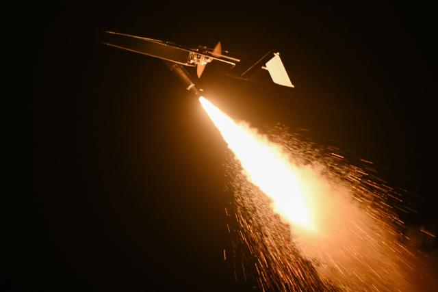 This photograph shows a Ukrainian long-range drone launched by servicemen of the 9th Kairos Battalion of the “Madyar's Birds” from an undisclosed location in Ukraine, on May 16, 2026, hours before Moscow reported the major attack amid the Russian invasion of Ukraine. (Photo by Genya SAVILOV / AFP)