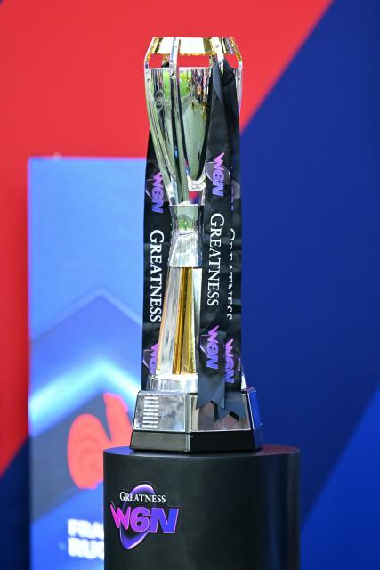 The Women's Six Nations trophy is displayed ahead of the Women's Six Nations international rugby union match between France and England at the Stade Atlantique in Bordeaux on May 17, 2026. (Photo by GAIZKA IROZ / AFP)