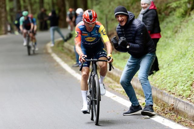 Lidl - Trek Italian rider Giulio Ciccone rides during the 9th stage of the Giro d'Italia 2026 - Tour of Italy cycling race between Cervia and Corno alle Scale, central Italy on May 17, 2026. (Photo by Luca Bettini / AFP)