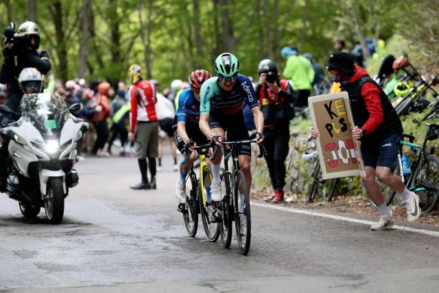 Decathlon CMA CGM Team Austrian rider Felix Gall rides in front of Team Visma Lease a Bike Danish rider Jonas Vingegaard during the 9th stage of the Giro d'Italia 2026 - Tour of Italy cycling race between Cervia and Corno alle Scale, central Italy on May 17, 2026. (Photo by Luca Bettini / AFP)
