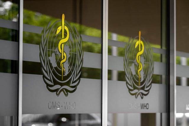 This photograph shows the logo of the World Health Organization (WHO) on the entrance of their headquarters ahead of the 79th World Health Assembly in Geneva, on May 17, 2026. (Photo by Fabrice COFFRINI / AFP)