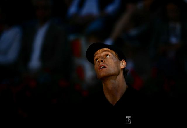 Italy's Jannik Sinner reacts during the match against Norway's Casper Ruud during the men's final of the ATP Rome Open tennis tournament at Foro Italico in Rome on May 17, 2026. (Photo by Filippo MONTEFORTE / AFP)