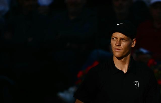 Italy's Jannik Sinner reacts during the match against Norway's Casper Ruud during the men's final of the ATP Rome Open tennis tournament at Foro Italico in Rome on May 17, 2026. (Photo by Filippo MONTEFORTE / AFP)
