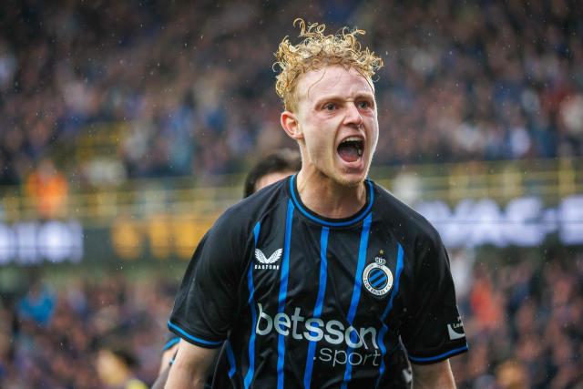 Club Brugge's defender Joaquin Seys celebrates after scoring a goal during the Belgian "Pro League" First Division football match between Club Brugge KV and Union Saint-Gilloise (USG - Saint Gilles) at the Jan Breydel Stadium in Bruges on May 17, 2026. (Photo by KURT DESPLENTER / BELGA / AFP) / Belgium OUT