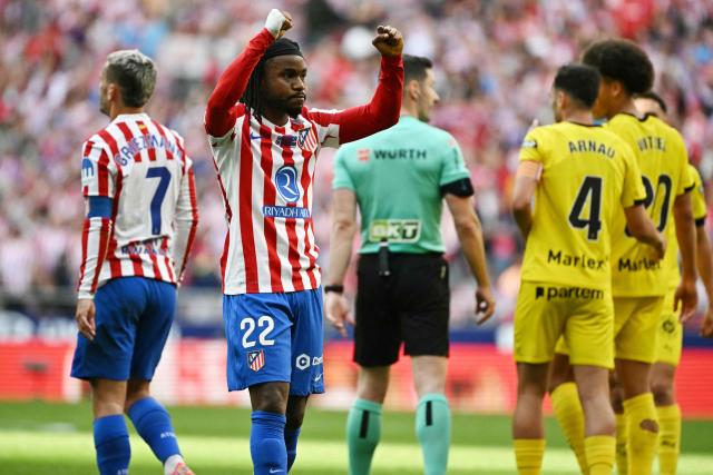 Atletico Madrid's English forward #22 Ademola Lookman celebrates scoring the opening goal during the Spanish league football match between Club Atletico de Madrid and Girona FC at the Metroplitano stadium in Madrid on May 17, 2026. (Photo by Javier SORIANO / AFP)