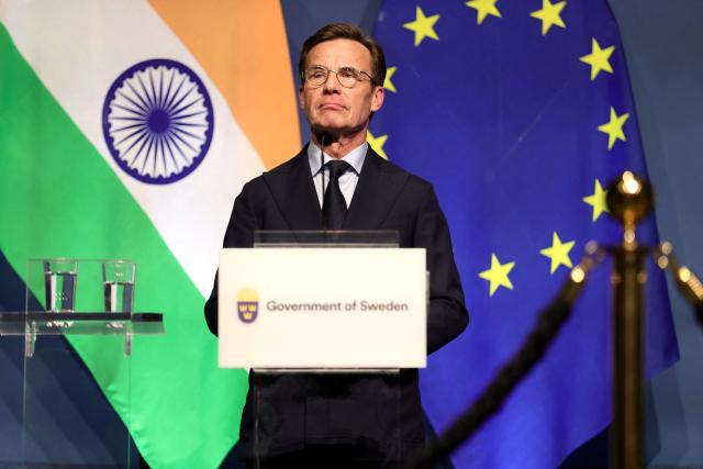 Sweden's Prime Minister Ulf Kristersson holds a joint press conference with European Commission President and India's Prime Minister in Gothenburg, Sweden, on May 17, 2026. (Photo by Adam Ihse/TT / TT NEWS AGENCY / AFP) / Sweden OUT