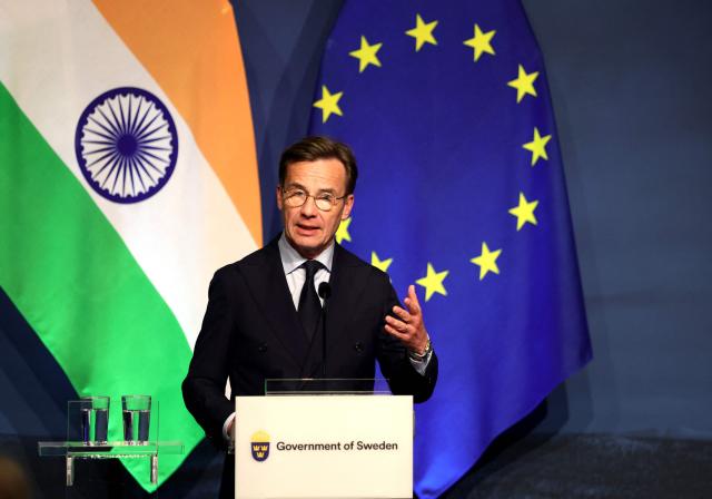 Sweden's Prime Minister Ulf Kristersson holds a joint press conference with European Commission President and India's Prime Minister in Gothenburg, Sweden, on May 17, 2026. (Photo by Adam Ihse/TT / TT NEWS AGENCY / AFP) / Sweden OUT