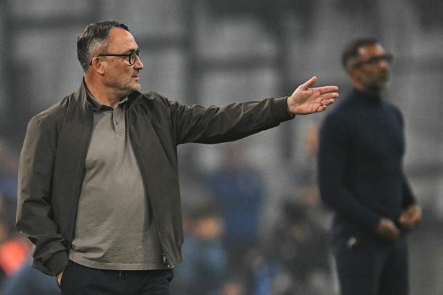 Rennes' French head coach Franck Haise (L) gestures next to Marseille's French-Senegalese head coach Habib Beye during the French L1 football match between Olympique de Marseille (OM) and Stade Rennais FC at the Stade Velodrome in Marseille, southern France, on May 17, 2026. (Photo by Gabriel BOUYS / AFP)