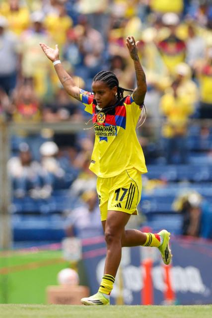 America's forward #17 Geyse Da Silva celebrates after scoring her team’s second goal during the Liga MX Femenil women's Clausura final second-leg football match between America and Monterrey at the Ciudad de los Deportes stadium in Mexico City on May 17, 2026. (Photo by Rodrigo Oropeza / AFP)