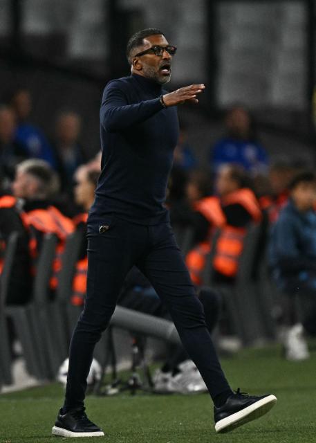 Marseille's French-Senegalese head coach Habib Beye gestures during the French L1 football match between Olympique de Marseille (OM) and Stade Rennais FC at the Stade Velodrome in Marseille, southern France, on May 17, 2026. (Photo by Gabriel BOUYS / AFP)