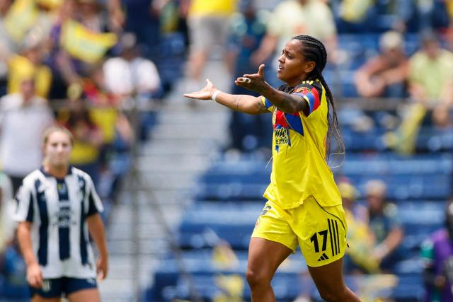 America's forward #17 Geyse Da Silva celebrates after scoring her team’s second goal during the Liga MX Femenil women's Clausura final second-leg football match between America and Monterrey at the Ciudad de los Deportes stadium in Mexico City on May 17, 2026. (Photo by Rodrigo Oropeza / AFP)