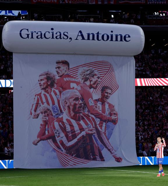 Atletico Madrid's French forward #07 Antoine Griezmann delivers a speech during a farewell ceremony after the Spanish league football match between Club Atletico de Madrid and Girona FC at the Metroplitano stadium in Madrid on May 17, 2026. French forward Antoine Griezmann received a warm goodbye from the club's supporters today. Atletico's all-time top goalscorer will head to the United States to play for MLS side Orlando City. (Photo by Oscar DEL POZO / AFP)