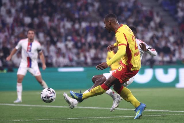 Lens' French forward #22 Wesley Said scores his team's second goal during the French L1 football match between Olympique Lyonnais (OL) and RC Lens at the Groupama Stadium in Decines-Charpieu, central-eastern France, on May 17, 2026. (Photo by Alex MARTIN / AFP)