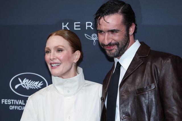 US director and screenwriter Jordan Firstman (R) greets US actress Julianne Moore during the 2026 Kering Women in Motion Awards on the sidelines of of the 79th edition of the Cannes Film Festival in Cannes, southern France, on May 17, 2026. (Photo by Sameer AL-DOUMY / AFP)