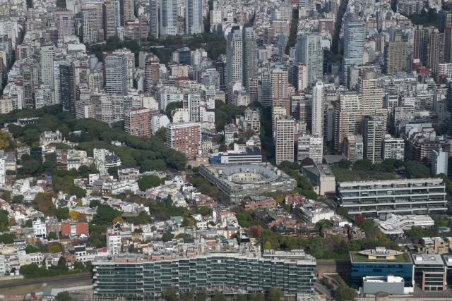 This aerial view shows the Palermo neighborhood after taking off from Jorge Newbery International Airport in Buenos Aires on May 17, 2026. (Photo by JUAN MABROMATA / AFP)