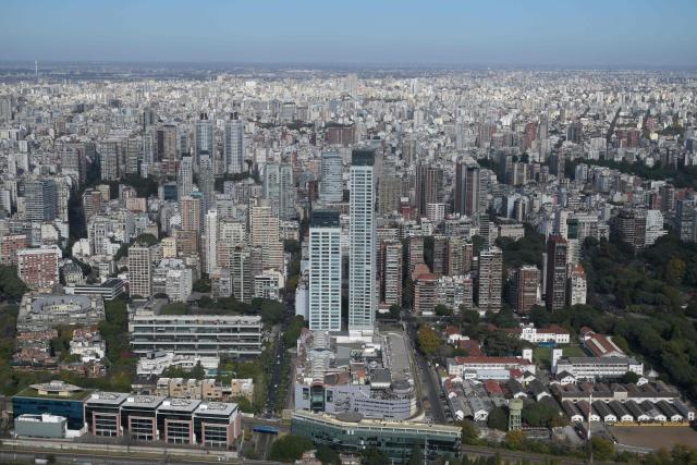 This aerial view shows the Palermo neighborhood and the Paseo Alcorta shopping mall (center bottom) after taking off from Jorge Newbery International Airport in Buenos Aires on May 17, 2026. (Photo by JUAN MABROMATA / AFP)