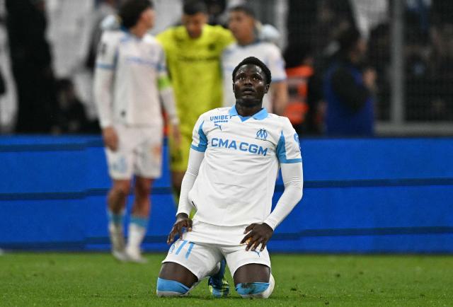 Marseille's Malian midfielder #71 Nouhoum Kamissoko reacts at the end of the French L1 football match between Olympique de Marseille (OM) and Stade Rennais FC at the Stade Velodrome in Marseille, southern France, on May 17, 2026. (Photo by Gabriel BOUYS / AFP)