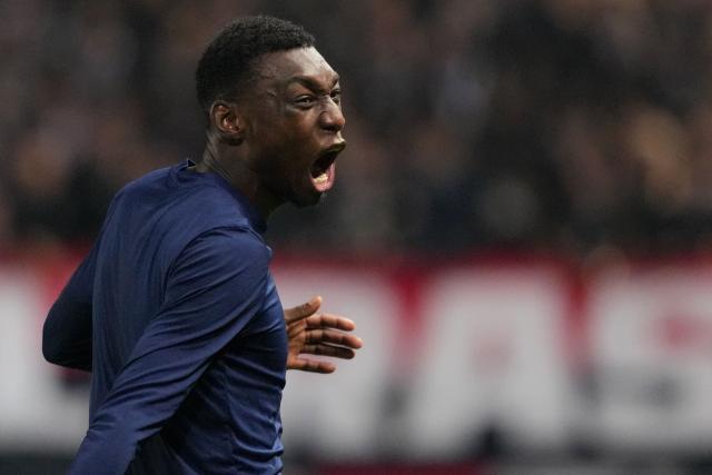 Paris FC's French forward #07 Alimami Gory celebrates after scoring Paris FC's second goal during the French L1 football match between Paris FC and Paris Saint-Germain (PSG) at the Stade Jean-Bouin in Paris on May 17, 2026. (Photo by Dimitar DILKOFF / AFP)