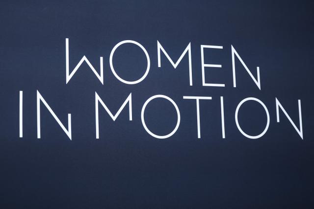 This photograph shows the logo of the Women in Motion Awards during the 2026 Kering Women in Motion Awards on the sidelines of the 79th edition of the Cannes Film Festival in Cannes, southern France, on May 17, 2026. (Photo by Sameer AL-DOUMY / AFP)