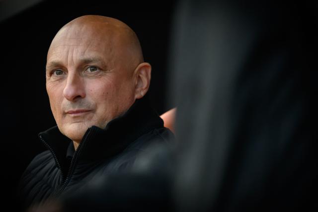 Lorient's French head coach Olivier Pantaloni attends the French L1 football match between FC Lorient and Le Havre AC at the Stade du Moustoir in Lorient, western France, on May 17, 2026. (Photo by Loic VENANCE / AFP)