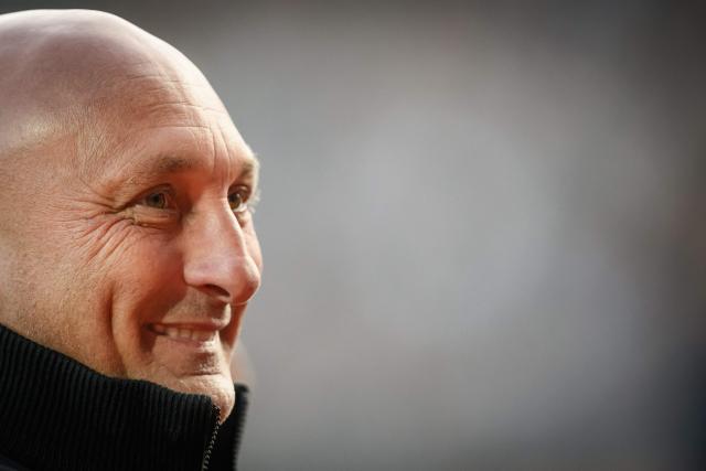 Lorient's French head coach Olivier Pantaloni attends the French L1 football match between FC Lorient and Le Havre AC at the Stade du Moustoir in Lorient, western France, on May 17, 2026. (Photo by Loic VENANCE / AFP)